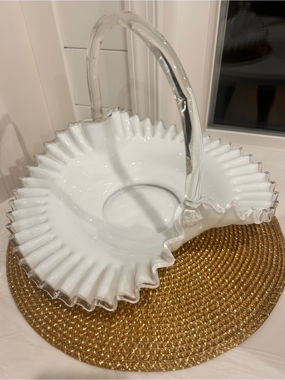 FENTON Pie Edge Silver Crest Ruffled White Milk Glass Basket w clear handle